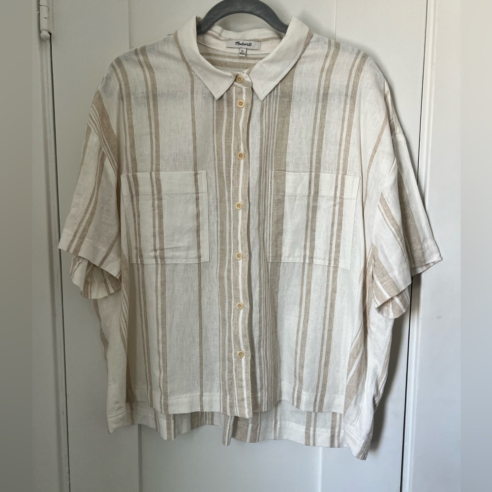 Madewell Womens Linen Resort Button Up Blouse Cream Striped Size XL NWOT